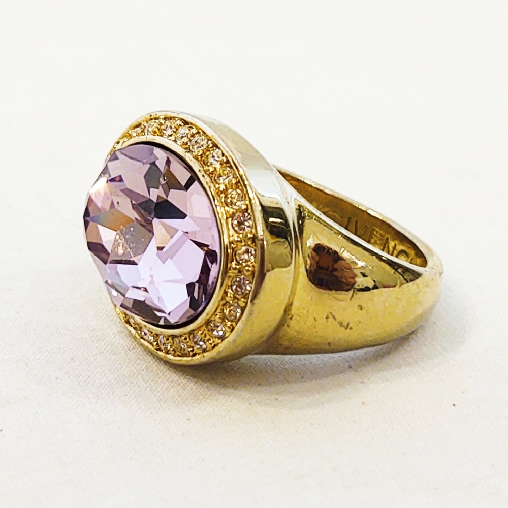 Vintage Y2K Givenchy Oversized Pink Swarovski Crystal Gold Cocktail Ring- Size 8 - Picture 5 of 8